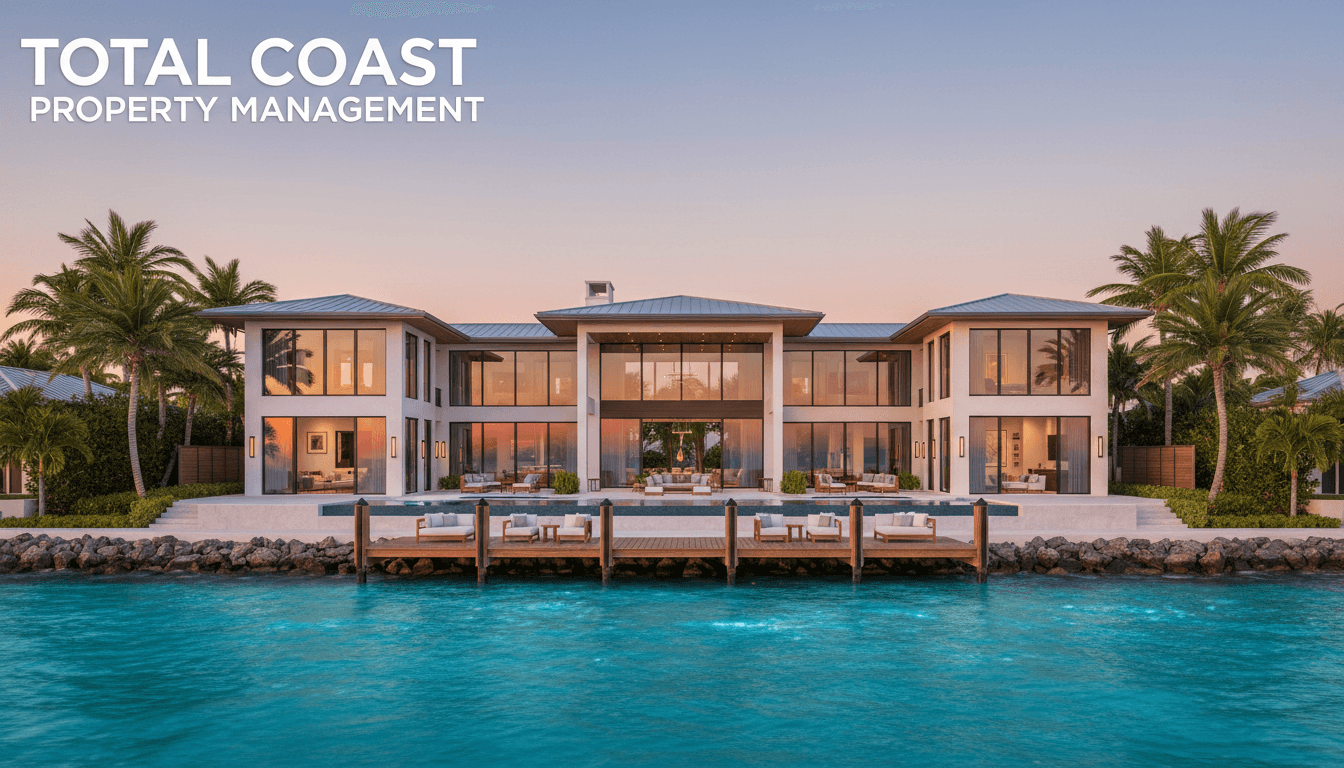 Luxurious modern waterfront mansion featuring a private dock, swimming pool, and palm trees at dusk.