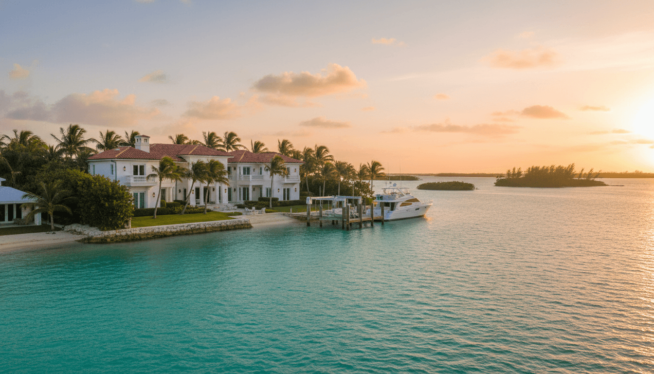 Luxury waterfront home in Florida Keys with dock and clear water at golden hour