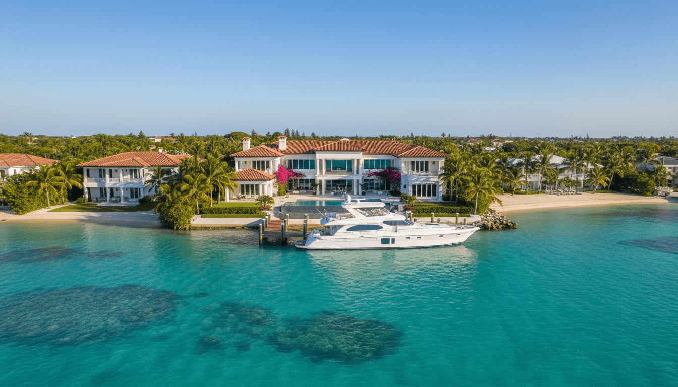 Aerial view of luxury waterfront home in Marathon, Florida Keys with boat docked
