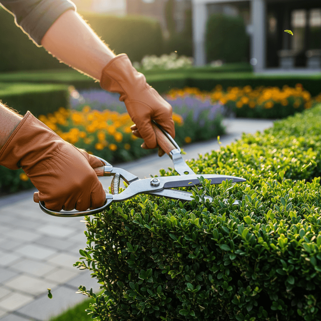 Landscaper trimming tropical garden near pool
