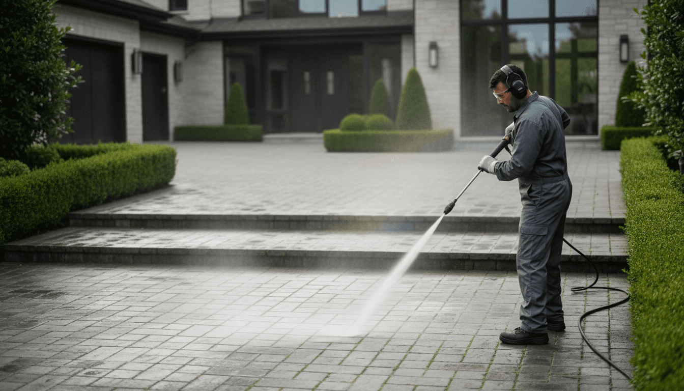 Pressure washing driveway at a large estate
