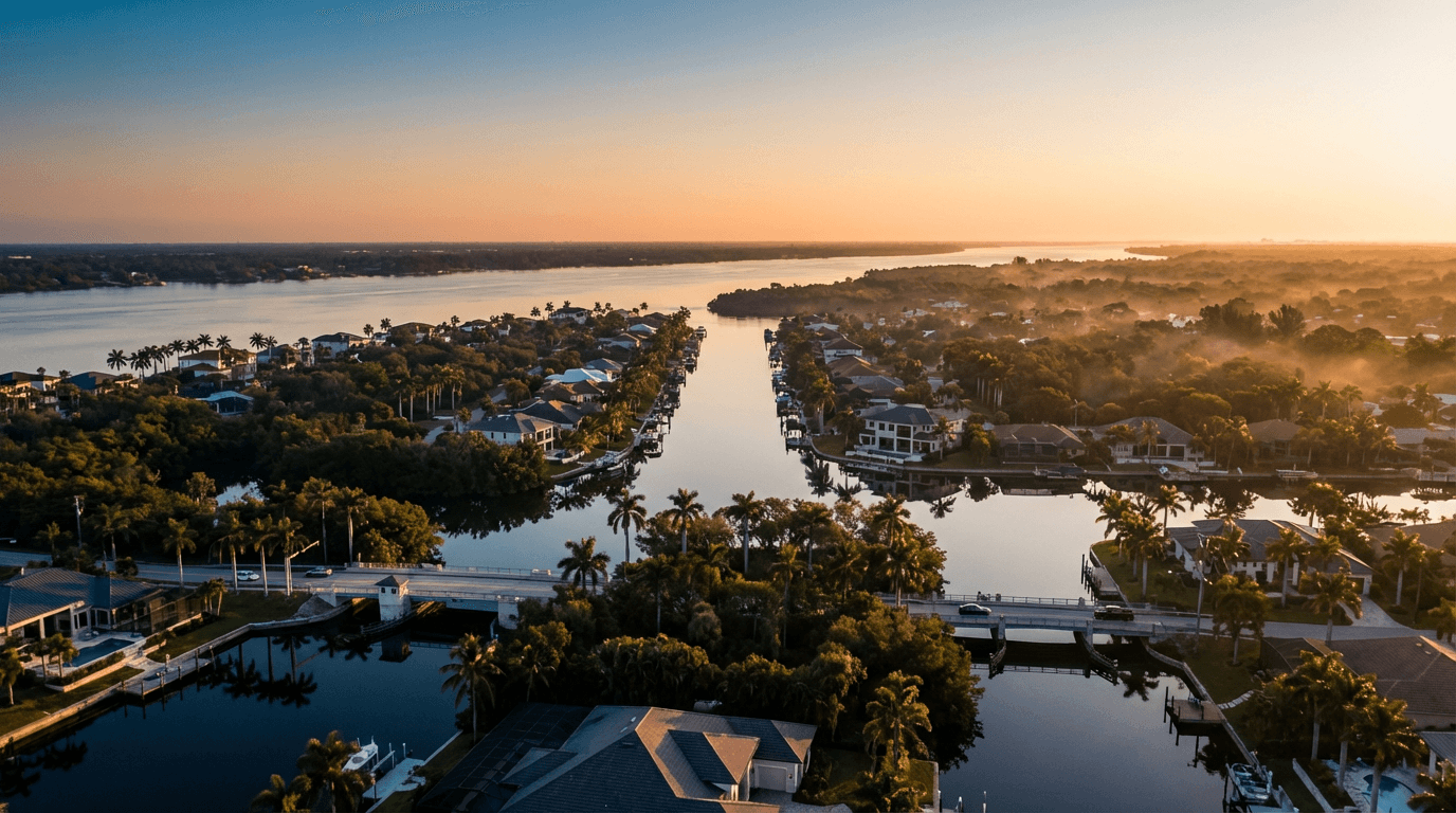 Sunset over a Keys property with palm trees and calm water