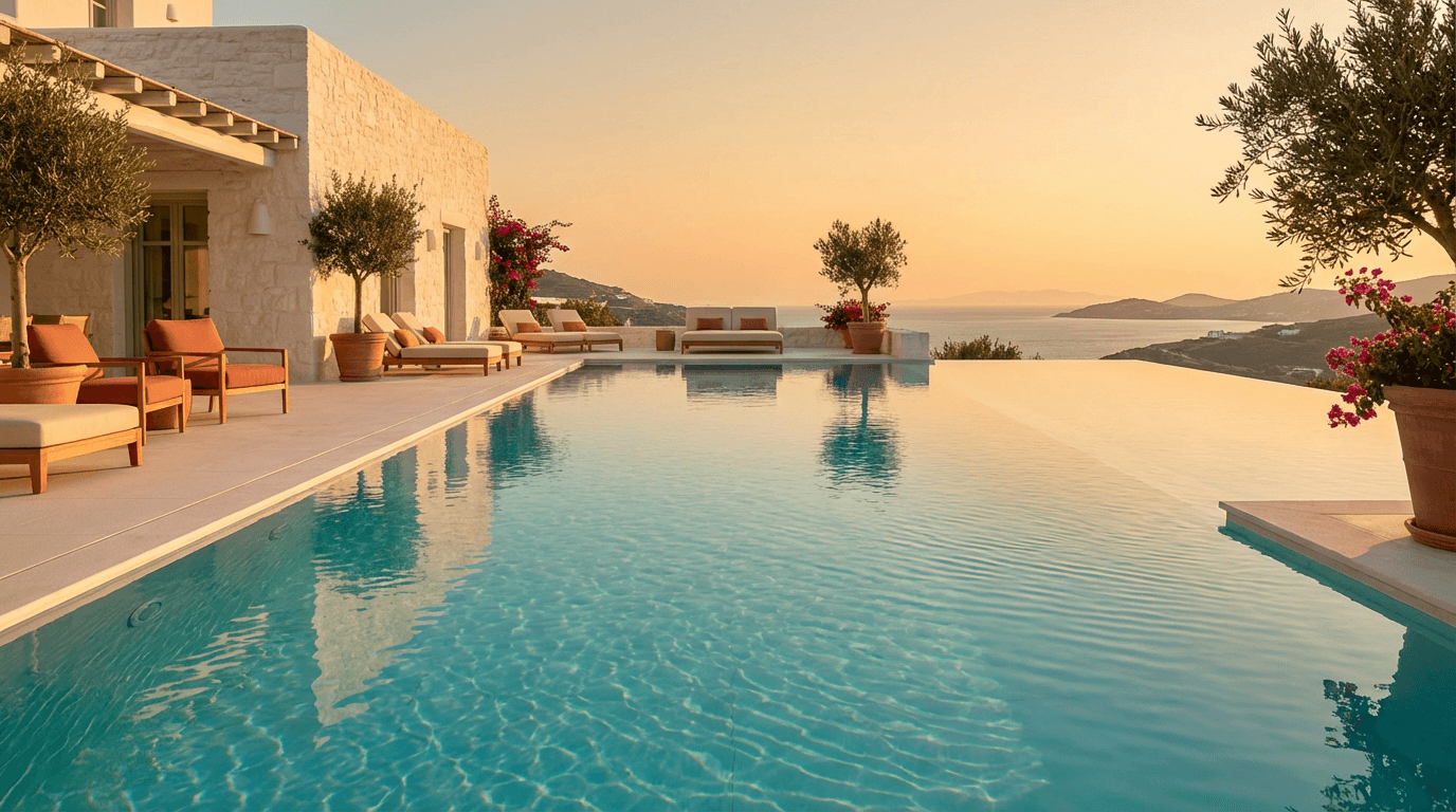 Infinite pool overlooking Mediterranean sea at sunset, villa architecture framing luxury coastal retreat setting.