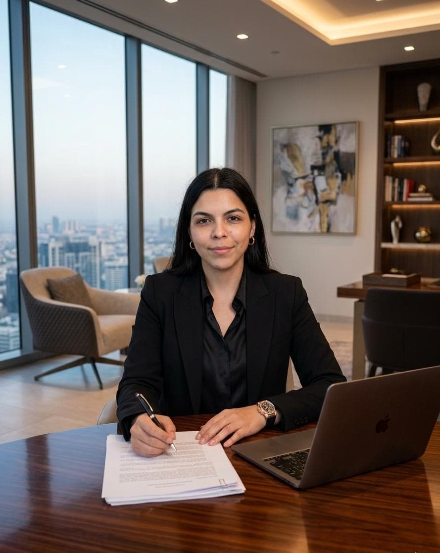Professional woman in black blazer signing documents at a desk in a modern high-rise office.