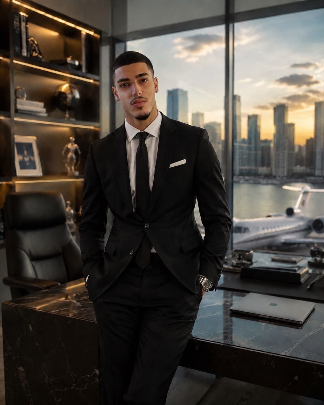 Man in black suit posing in a luxury office overlooking a sunset city skyline.